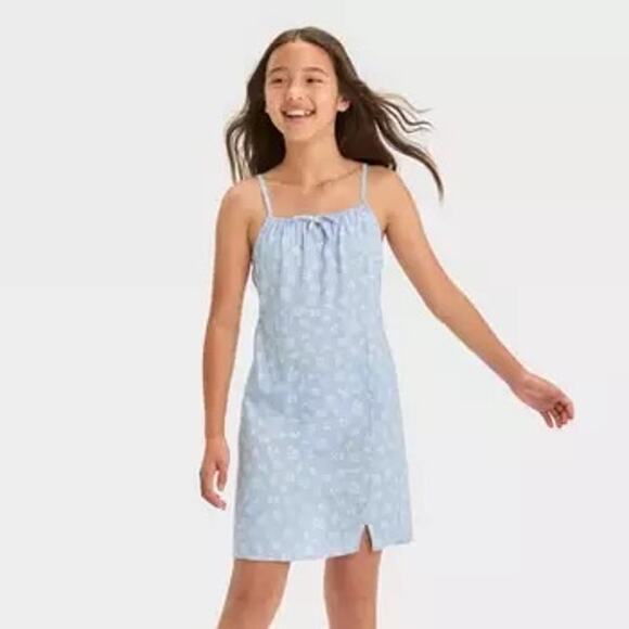 Art Class Girls L 10 / 12 Cami Dress Blue Floral Linen Blend Feminine NEW - Picture 1 of 6